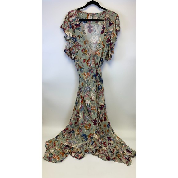 ELF Carmen Wrap Dress Gray Floral Ruffle V Neck Rayon Green Multi Tie Size L/XL - Picture 2 of 15